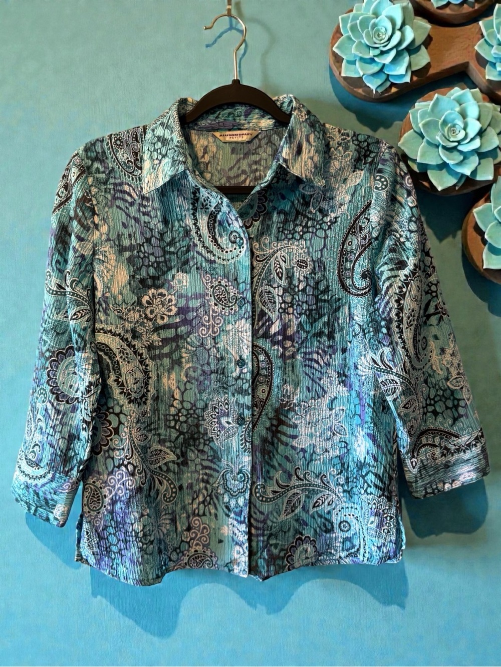Allison Daley Petite Teal/Aqua/Black/Purple/Grey Paisley/Floral Mixed Print Top